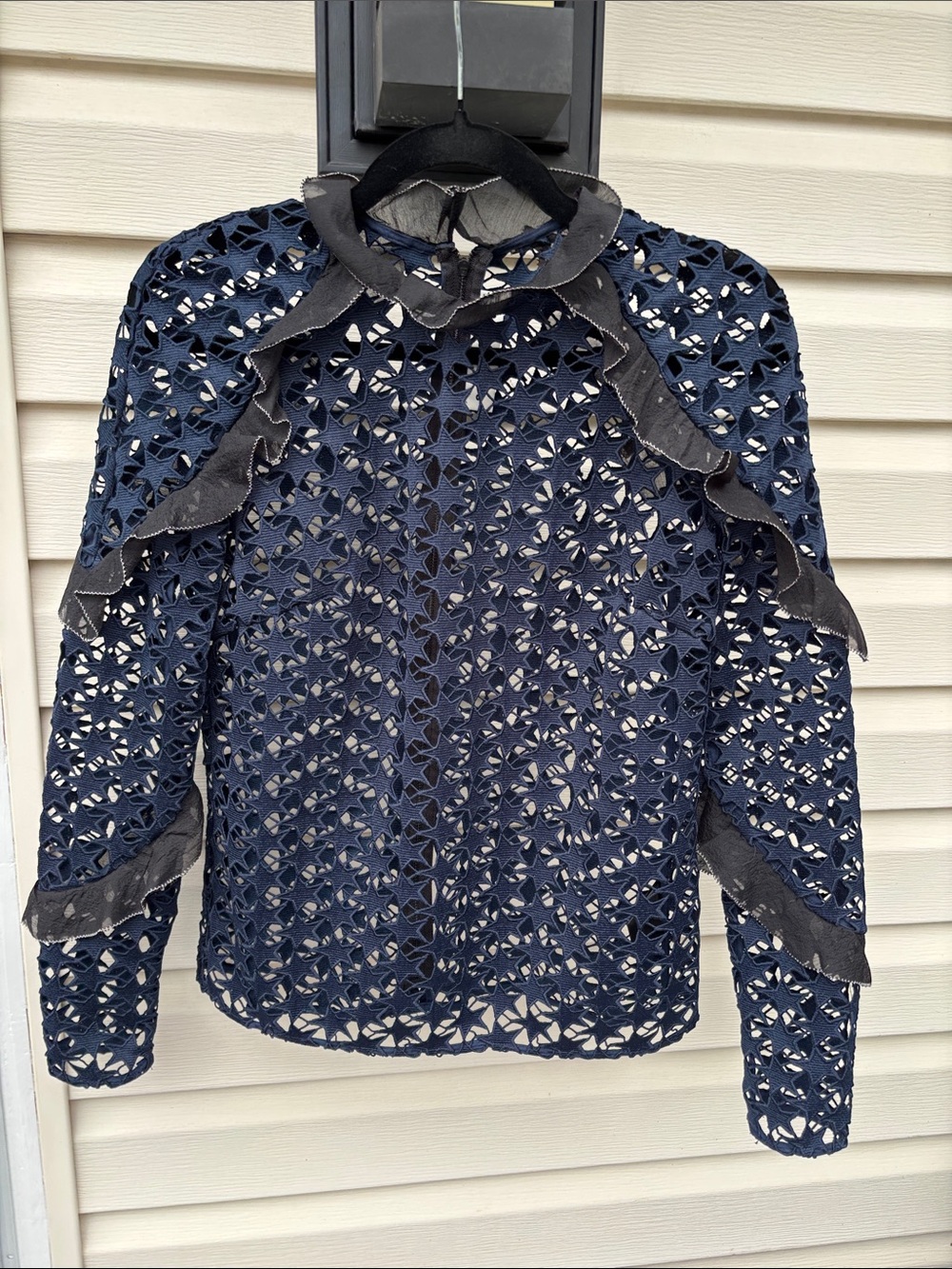 Self-Portrait Ladies Navy Blue Cutout Lace Long Sleeve Top-4
